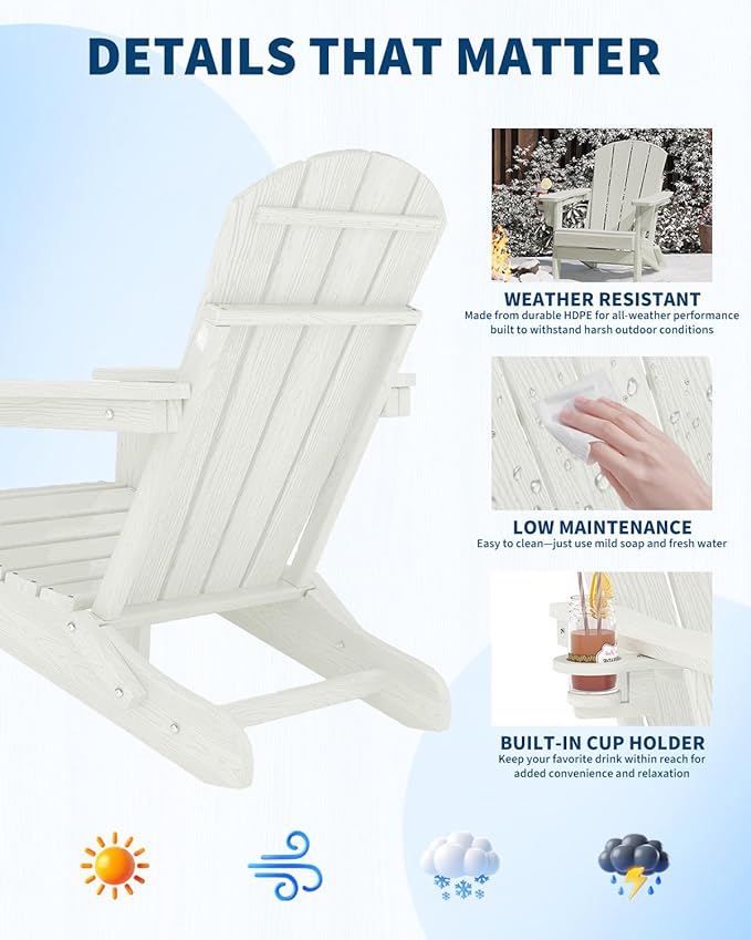 GarveeLife Folding Adirondack Chair Set of 4, All-Weather HDPE Outdoor Chair, Wooden Textured with Cup Holder for patios, Decks, Gardens, fire pits, White