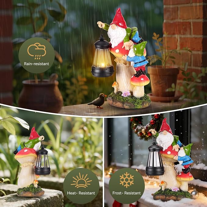 Garden Gnomes Outdoor Statues with Light, Gnomes Decorations for Yard, Solar Garden Gnome Climbing on Mushroom, Lawn Ornaments for Patio, Balcony Housewarming- Unique Women Gifts