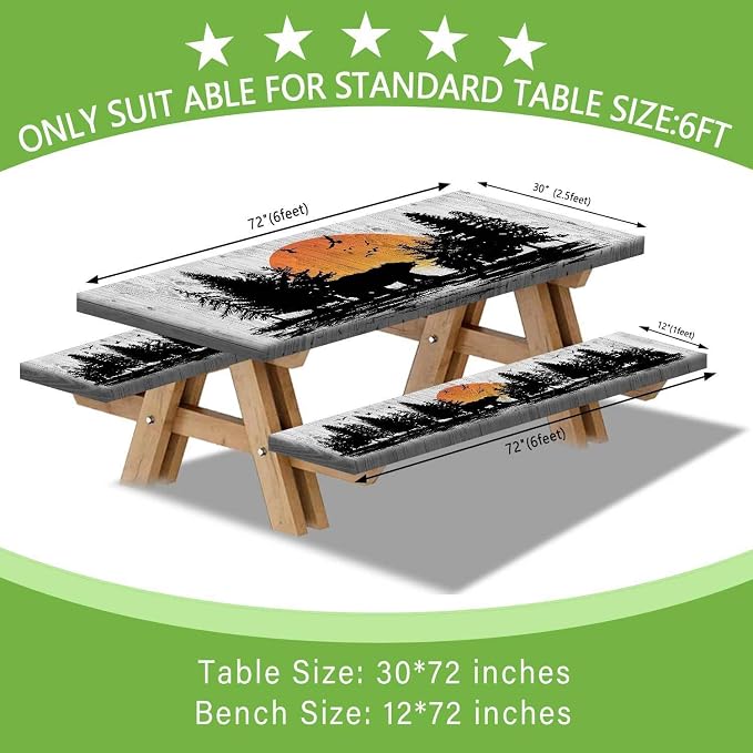 Picnic Table Cover with Bench Covers Wooden Forest Cabin Camping Essentials Waterproof Windproof Camping Tablecloth with Drawstring Bag, Fitted Rectangle Tables and Seats White，96" x 30" inch