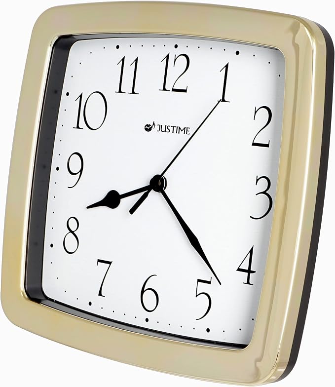 JUSTIME 8.5-inch Quality Square Water Resistant Quartz Wall Clock Special for Small Space, Office, Boats, RV (W40504 Gold Plate)