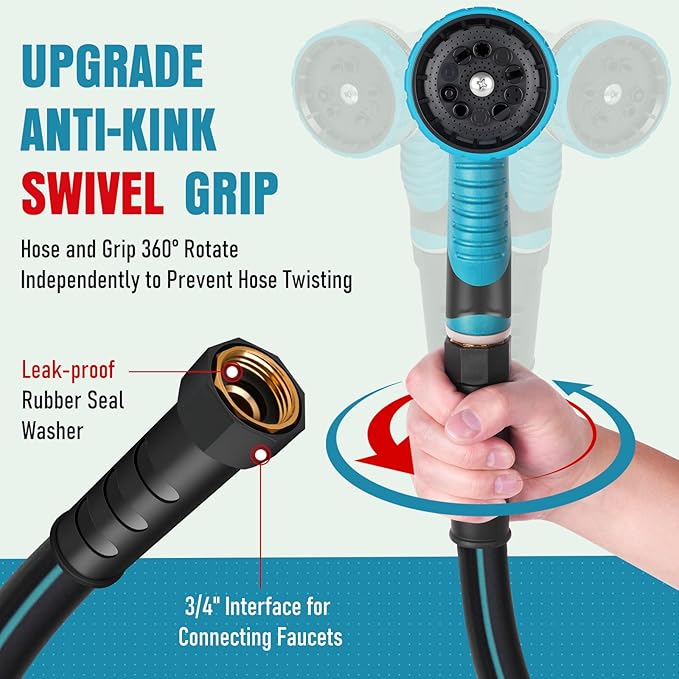 Garden Hose 75 ft x 5/8" with Nozzle, Water Hose Heavy Duty Flexible, Lightweight Kink-less Hybrid Hose with Swivel Handle, Male to Female Fittings