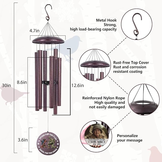 Personalized Memorial Soldier Wind Chimes for Loss Dad Comrade-in-arms, 30"/36"/45" Deep Tone Wind Chime Sympathy Gifts in Loving Memory of US Veteran, Produced in Texas
