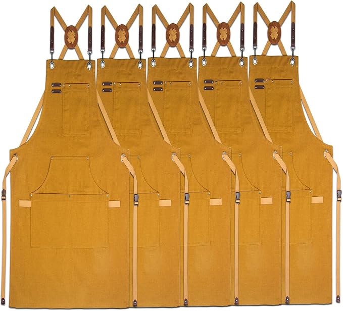 5 Pack Kitchen Aprons, Work Apron, Canvas Apron, Khaki | Multiple Pockets, Gardening, Painting, BBQ, Artist, Carpenter, Sizes M to XXL