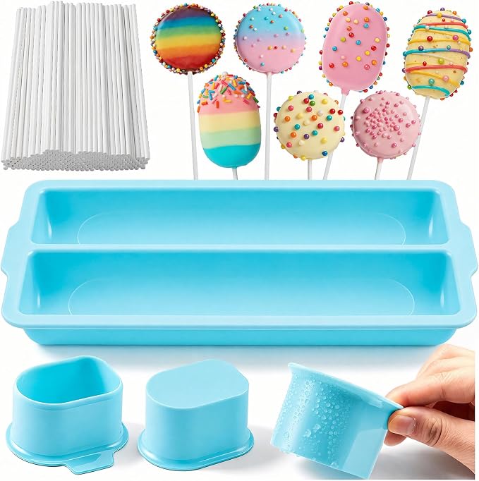 WDAHDHP Round Cake Pop Mold Set, Including 2Pcs Circle Cake Pop Cutter, 9 Inch Tray and 100Pcs Lollipop Sticks for Home Desserts Making Accessories, Blue