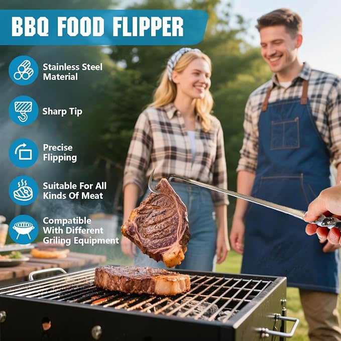 Meat Flipper, Grill Hooks for Turning, Heavy Duty Stainless Steel BBQ Turner Hooks with Long Handle for Flipping Ribs, Pork Shoulder, Roast on Smoker Grilling (Left Hand - A)