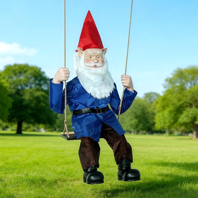 LarpGears Outdoor Spring Gnome Decor with Swing - Waterproof Yard and Garden Decorations, Realistic Hanging Gnome for Patio, Tree, or Yard