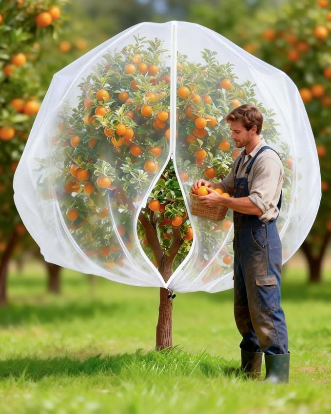 JoyHalo Fruit Tree Netting with Zipper & Drawstring, 8 × 8FT Pest Barrier Netting for Garden, 60-Mesh PE Tree Covers for Bush, Blueberry, Vegetables & Plant Protection (2 Packs)