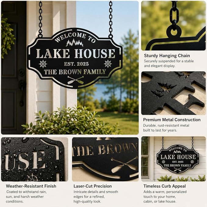 Personalized Metal Lake House Sign Custom Family Name Wall Art Rustic Cabin Decor for Entryway Porch Outdoor Lake Life Gift