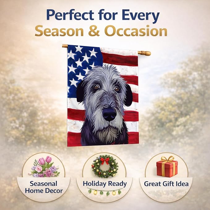 Caroline's Treasures CK6573CHF Irish Wolfhound American Flag House Flag Large Porch Sleeve Pole Decorative Outside Yard Banner Artwork Wall Hanging, Polyester, House Size, Multicolor