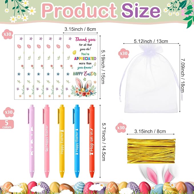 Marspark 30 Set Colorful Easter Gifts Bulk Happy Easter Ballpoint Pens and Bunny Eggs Greeting Cards with Bags Twist Ties Appreciation Gifts for Coworker Teacher Student School Office Party Favor