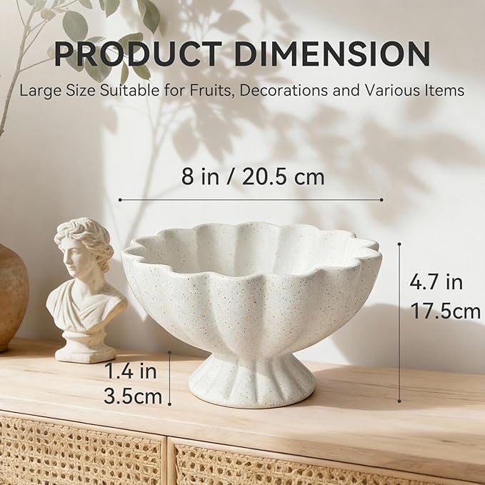 Pedestal Decorative Bowl Home Decor - 7.9" Morden Resin Handmade Decorative Fruit Bowl for Kitchen Counter, Chic Ruffle Bowl Centerpiece Decor for Dining Table Coffee Table (Spotted White)
