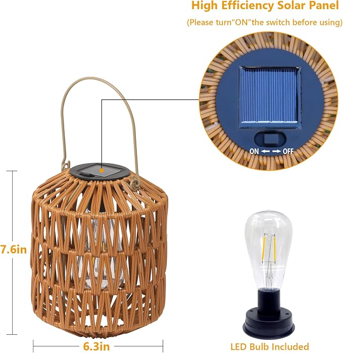 Eyassi Rattan Solar Lights, 4 Pack Solar Lanterns Outdoor Waterproof, Outdoor Lights for Yard, Hanging Lantern with Handle, Decorative Lanterns for Garden, Tabletop, Tree Lighting (Bulbs Included)