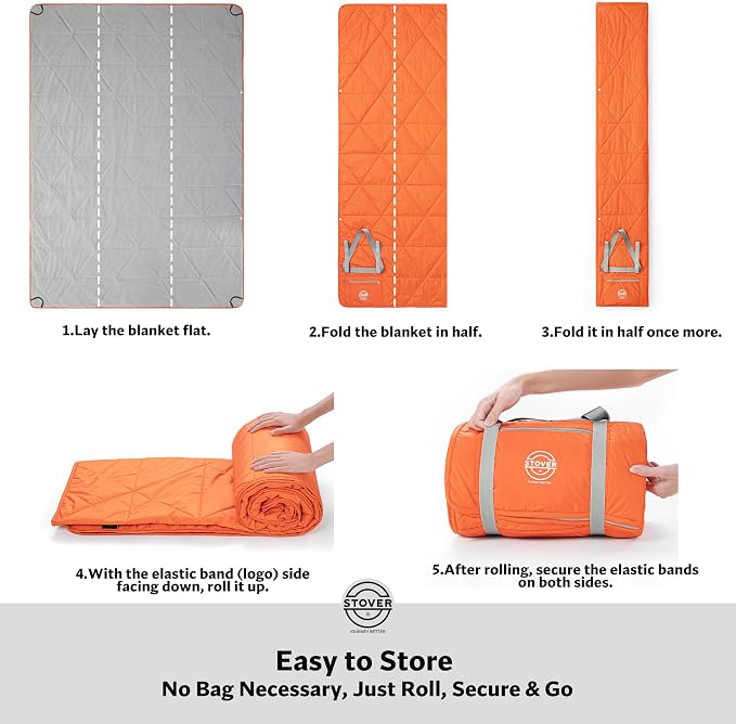 STOVER Large Waterproof Outdoor Stadium Blanket- Extra Thick Soft Fleece Camping Blanket for Travel, Picnics, Sports, Dogs- 79"x55" Warm, Windproof, Sand-proof, Lightweight, Packable (Game Day Orange)