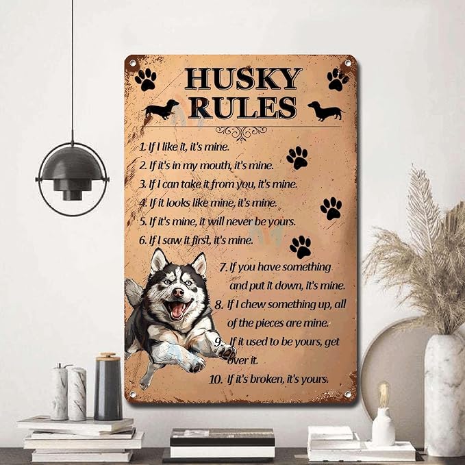 Metal Sign Tin Sign Vintage Wall Art Husky Rules Bathroom Signs for Home for Pub 12×16 Inches