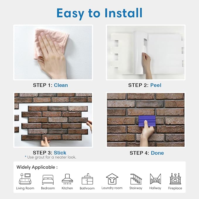 COMSTICKC 3D Brown Faux Brick Wall Panel Peel and Stick Wall Covering, 12 Pcs of 22.8" x 11.8", Not Real Brick, UrltraLight PVC Self Adhesive Brick Decorative Tile Interior, Covers 22.48 sq.ft