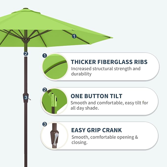 PatioKingdom Patio Umbrella with Push Button Tilt and Crank, Outdoor Market Umbrella with 8 Fiberglass Ribs, UV Protection Table Umbrella for Pool,Backyard,Garden,Deck (Apple Green, 10FT)