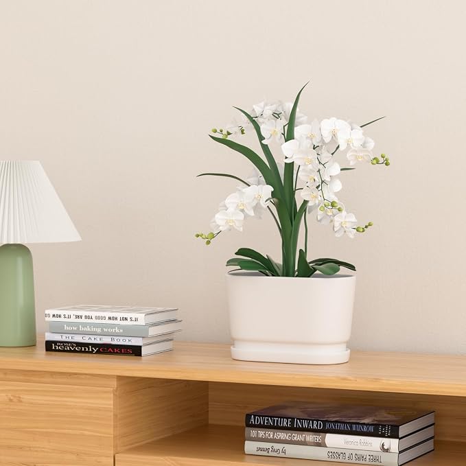 8.9" Rectangular Ceramic Planter with Drainage and Saucer, White | Indoor Outdoor Use, 8.9"L x 4.5"W x 5.3"H, Modern Home Decor, Window Box Planter, Matte White