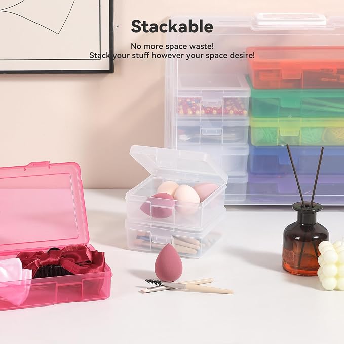 Novelinks Stackable Plastic Clear Storage Box Containers with Latching Lid - Art Craft Supply Organizer Storage Containers for Pencil Box,Crayon, Jewelry (6 Pack Medium Colorful+6 Pack Small Clear)