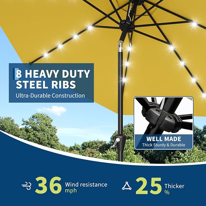 Garvee 9FT Solar Patio Umbrella with 32 LED Lights - Outdoor Table Umbrella with Crank Lift, Push Button Tilt and 8 Sturdy Ribs - Market Umbrella UV Protection for Pool, Deck, Yard, Garden -Yellow