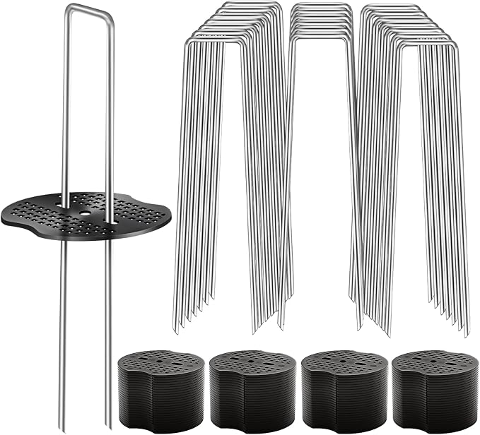 200 Pcs Garden Stakes Landscape Staples Set, 6 Inch 11 Gauge Heavy Duty Galvanized 100 U-Shaped Pins with 100 Gaskets for Weed Barrier Fabric, Grass Sod, Artificial Turf & Yard Landscaping