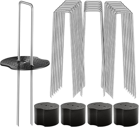 200 Pcs Garden Stakes Landscape Staples Set, 6 Inch 11 Gauge Heavy Duty Galvanized 100 U-Shaped Pins with 100 Gaskets for Weed Barrier Fabric, Grass Sod, Artificial Turf & Yard Landscaping