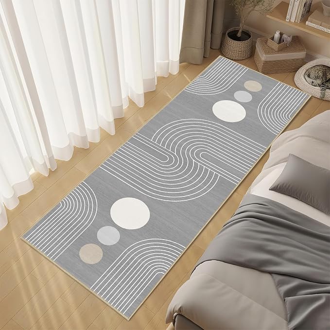 Boho Runner Rug 2x6 Modern Geometric Abstract Rug for Hallway Kitchen Bedroom Grey Mid Century Modern Runner Machine Washable Non-Slip Printed Low-Pile Long Floor Carpet for Bathroom Laundry Gray