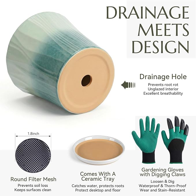 8.3 Inch Ceramic pots for Plants with Saucer Drainage Leak-Proof Mesh, Round Plant Pot with Gardening Gloves for Indoor Outdoor Plants (Rippled Green)