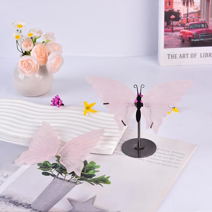 JIC Gem Natural Rose Quartz Crystal Butterfly Art Wings Carving Craft Ornament Pink Healing Crystal Stones with Display Stand Decoration Reiki(1pair, 10cm)