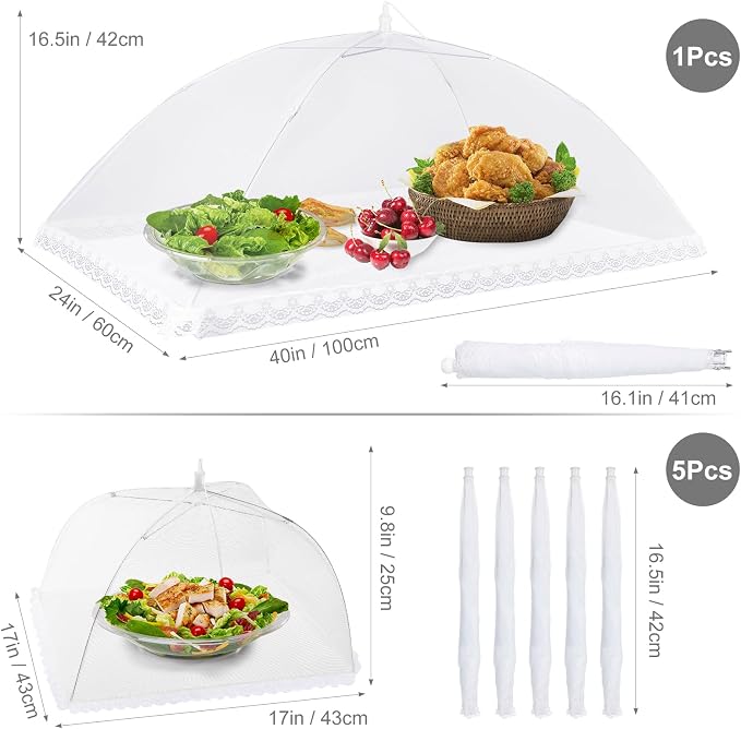 Homealexa 6 Pack Mesh Food Covers Pop Up, Reusable Food Net Covers (1 Extra-Large 24"×40" & 5×17"), Foldable Food Tent Fly Cover for Outdoor BBQ, Picnic, Garden Party, Cake, Fruit & Table Protection