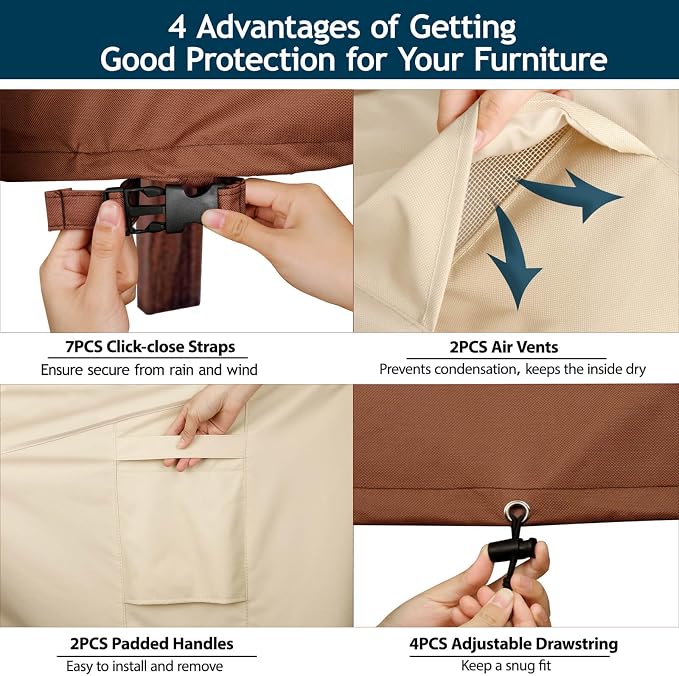 Curved Patio Furniture Covers - Outdoor Sectional Covers Waterproof Reinforced Rip-Stop Anti-UV 600D Heavy Duty Outdoor Couch Cover with 3 Air Vents 190"(128")