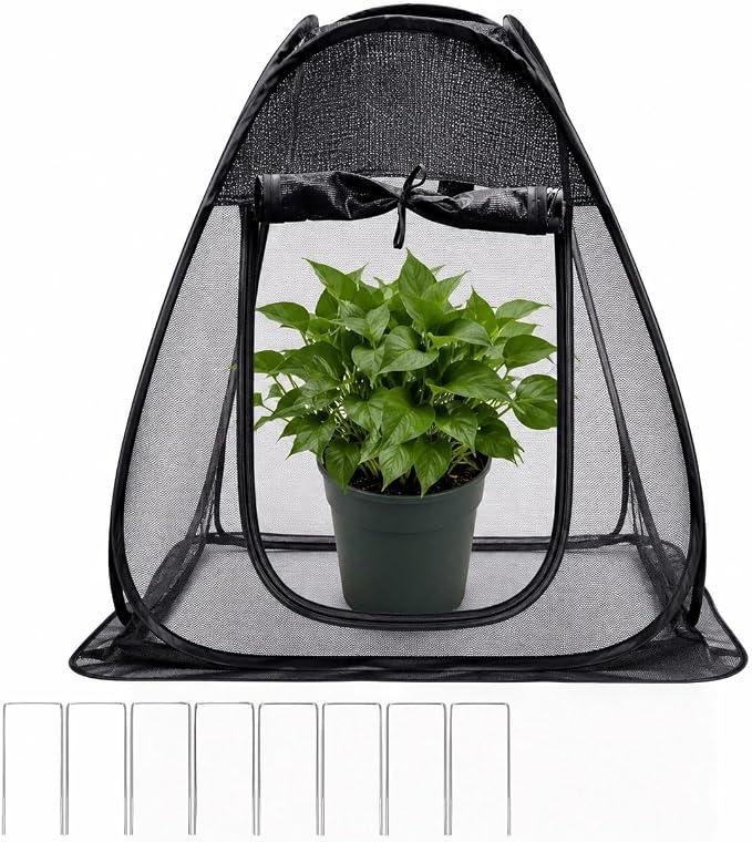 1PC Pop up Plant Shade Tent（28 x 28 x 32 in-50% Shade Mesh Plant Cover with 8 U-Shaped Stakes for Outdoor Plants, Pop up Gardening Net Cover with Zipper Door, Guard Cover for Potted Plants
