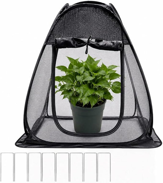 1PC Pop up Plant Shade Tent（28 x 28 x 32 in-50% Shade Mesh Plant Cover with 8 U-Shaped Stakes for Outdoor Plants, Pop up Gardening Net Cover with Zipper Door, Guard Cover for Potted Plants
