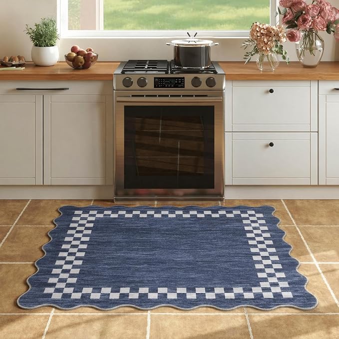 Small Area Rug 2x3 Modern Checkered Entry Rug Solid Color Scalloped Kitchen Rugs Washable Bedroom Doormat Non Slip Stain Resistant Bordered Throw Carpet for Living Room Nursery Laundry, Blue