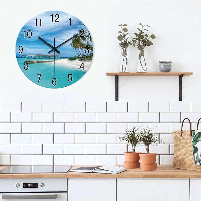 XFM Blue Beach Wall Clock 16 Inch Silent Coastal Nautical | Non-Ticking Battery Operated Modern Glass Decorative for Living Room Kitchen Bedroom Office