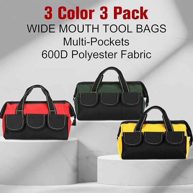 Sanwuta 3 Pack Tool Bag for Men with Waterproof Hard Bottom, Heavy Duty Tool Bag Wide Mouth Tote for Various Instrument, Electrician Carpenter Mechanic(Red, Army Green, Yellow,13 Inch,Classic)
