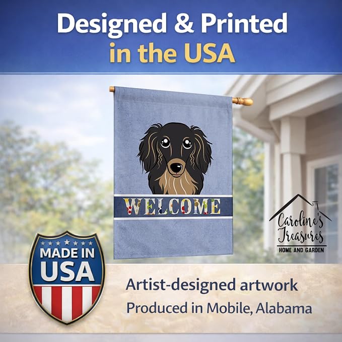 Caroline's Treasures BB1399CHF Longhair Black and Tan Dachshund Welcome House Flag, Blue Large Porch Sleeve Pole Decorative Outside Yard Banner Artwork Wall Hanging, Polyester, House Size, Multicolor