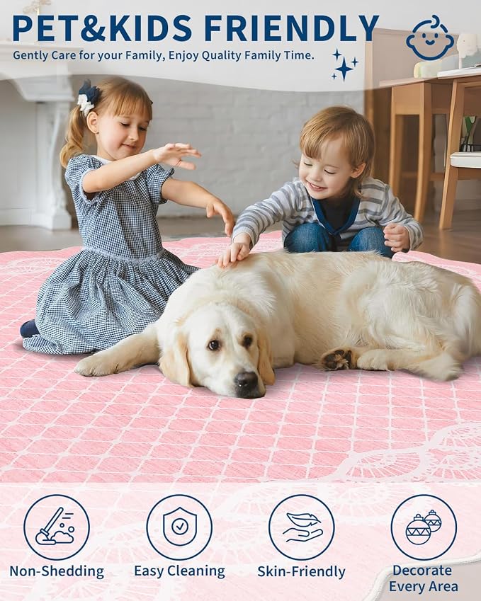 Garvee Washable Rug Runner 2x6 Scalloped Hallway Kitchen Rugs Pink | 2x6 Rugs Runner, Non-Slip Modern Bedside Rug, Non-Shedding Low Pile Carpet Runners for Laundry Room Entryway Nursery