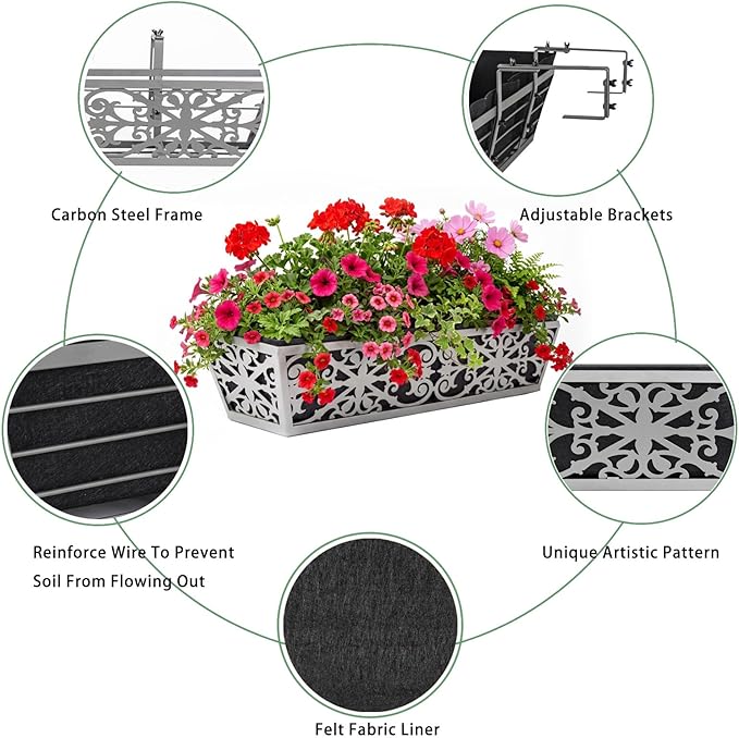 2 Pack 30 Inch Window Boxes Planter for Outdoor Plants Deck Railing Planters Box with Adjustable Brackets for Porch Fence Balcony Hanging Flower Baskets with Non-Woven Fabric Liner for Garden Décor