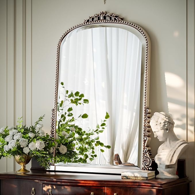 24"×32" Silver Arched Wall Mirror with Vintage Carving | Bathroom Vanity Makeup Mirror, as Wall Decor Hanging Leaning for Fireplace Mantle, Living Room, Bedroom, Vanity Area