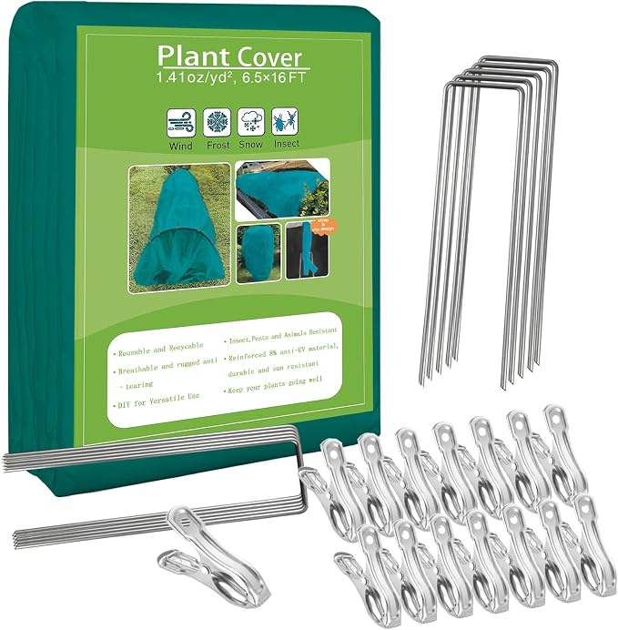 kockuu Plant Sun Protection Cloth, 6.5ft x 16ft 1.41 oz/yd² Garden Plant Shade Cloth with 15 Stainless Steel Clips from Direct Sunlight, Plant Covers Frost & Sun Protection for Winter and Summer
