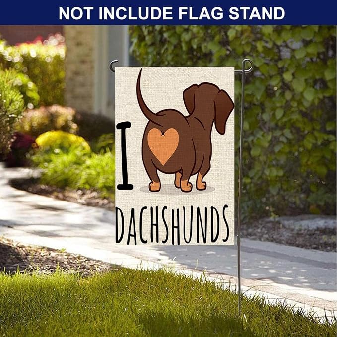 EMMTEEY Dachshund Art Garden Flag Double Sided Burlap Decoration 12.5x18 for Yard Outdoor Decor Garden Flag cute Dachshund Dog Cartoon Isolated on White Love Chocolate and Tan Wiener Sausage Rear