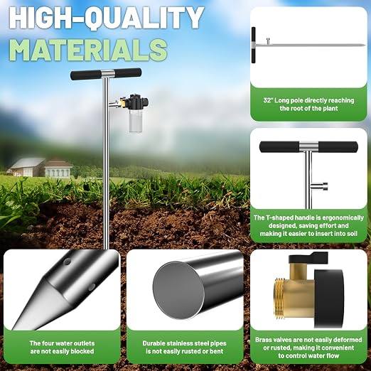 Deep Root Tree Watering Tool, Stainless Steel Tree Watering Spike with Fertilizer Bottle, Root Feeder with Brass Valve T-Handle, Irrigation System Watering Stake for Garden Orchard Shrub