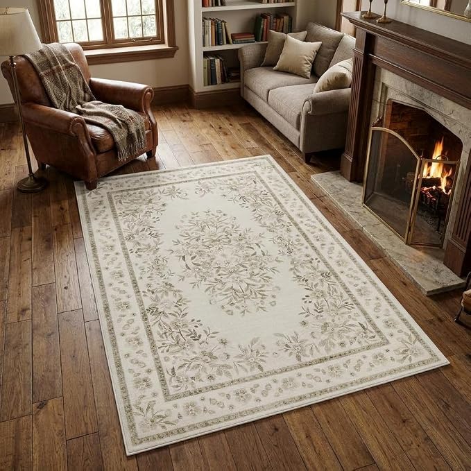 GarveeHome 3x5 Beige Rug for Laundry Room Vintage Flower Leaf Carpets | Vintage Floral Botanical Throw Rugs for Bedroom Non-Slip Low Pile Machine Washable Area Rug for Nursery Room Hallway Kitchen