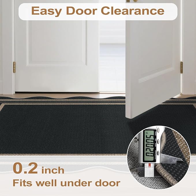Easy Jute Black Kitchen Rug, 2x3 Front Door Mat Washable Non Slip Small Entryway Rug, Indoor Outdoor Farmhouse Scalloped Doormat for Bathroom Doorway Porch
