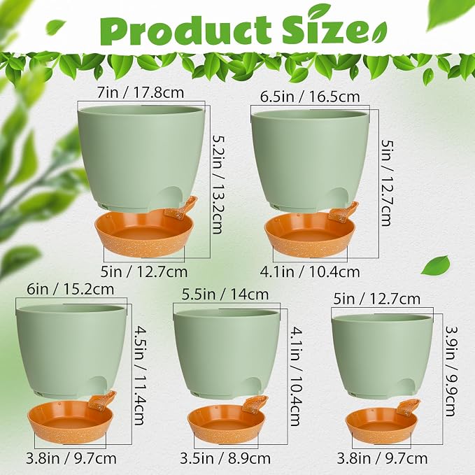 Remerry 15 Pcs 7/6.5/6/ 5.5/5 Inch Self Watering Planters with Drainage Hole Plant Pots Plastic Flower Pots Self Watering Pot and Saucer Reservoir for Garden Plant Flower(Green)