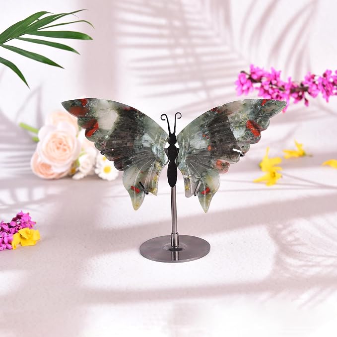 JIC Gem Natural African Bloodstone Raw Crystals Butterfly Figurine Decorative Rocks Stones Healing Crystal Carved Angel Wings with Display Decor Reiki Gifts (1pair, 10cm)