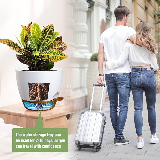 UOUZ Large Self Watering Pots, 12/10/9 Plastic Planters with High Drainage Holes and Deep Reservoir for Indoor Outdoor Garden Plants and Flowers, White with Brown
