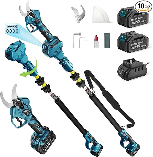 2-in-1 Electric Pruning Shears Cordless, 1.6" Cutting Diameter, Pole Pruner with 12.8Ft Reach Extension Pole, 2×4.0Ah Battery Powered Electric Pruner for Tree Flower Trimming