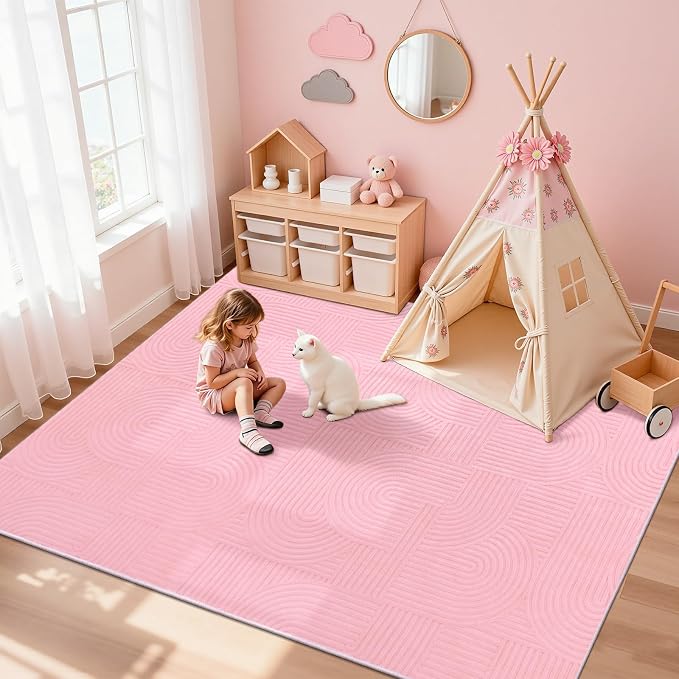 Pauwer 8x10 Area Rugs for Living Room, Modern Non Slip Washable Rug, Pink | Arch Pattern, Soft Fluffy, Neutral, Boho Accent, Solid Color Floor Carpet, For Kids Room Dining Room Nursery Entryway