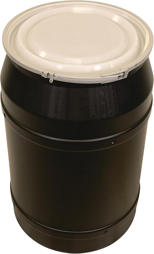 Eagle 55 Gallon Plastic Drum with Lid, Metal Lever-Lock, 36.4"x22.5", Open Head Lab Pack Drum Made of Durable, Lightweight HDPE, Withstands Weather and Chemicals, Made in USA, Black, 1656MBLK
